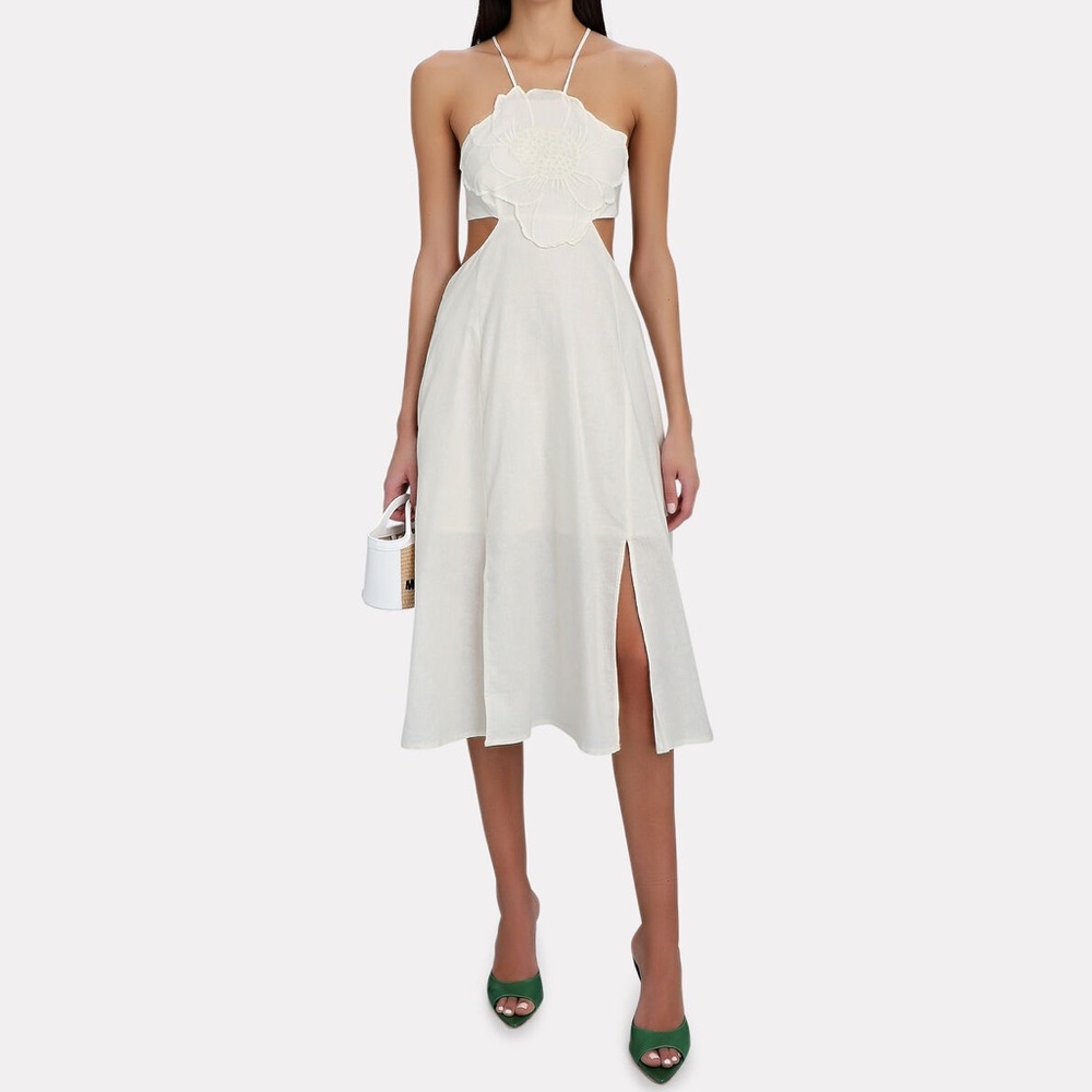 farm rio flower appliqué cutout midi dress in ivory